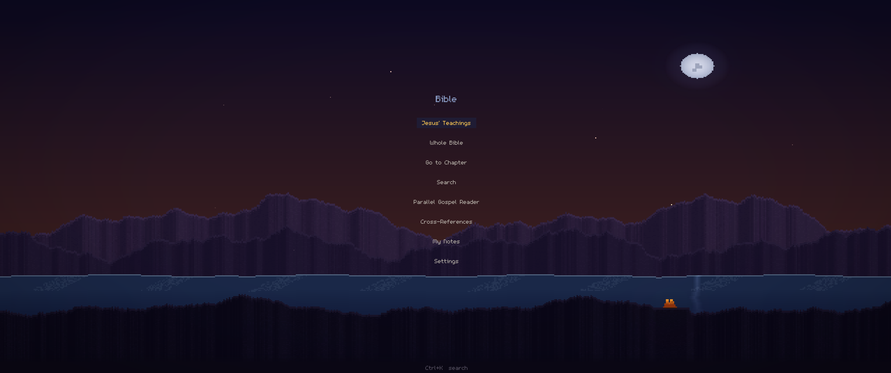Main menu — atmospheric pixel art intro
