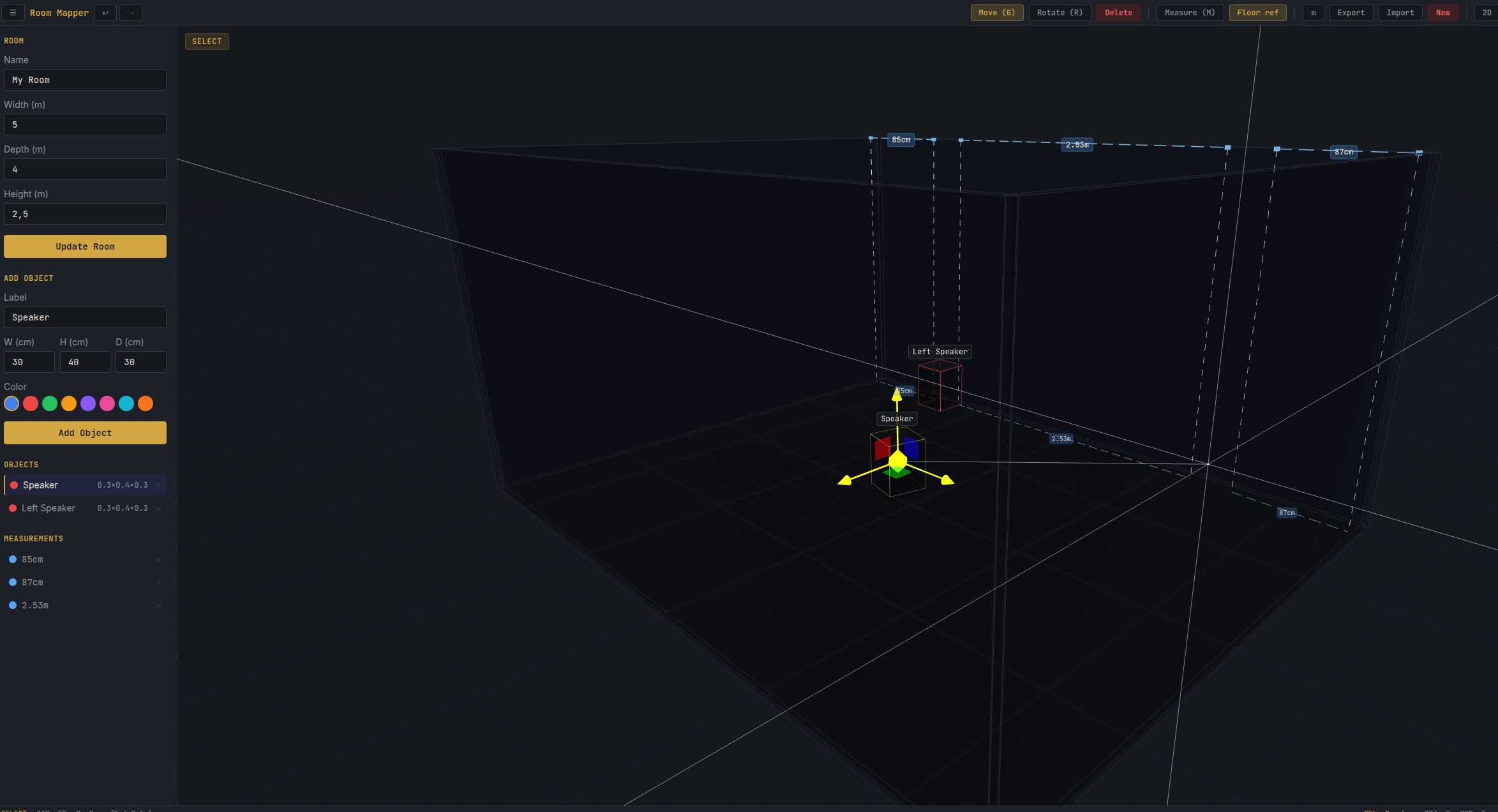 3D view — moving an object with the translate gizmo, measurements and floor projections visible