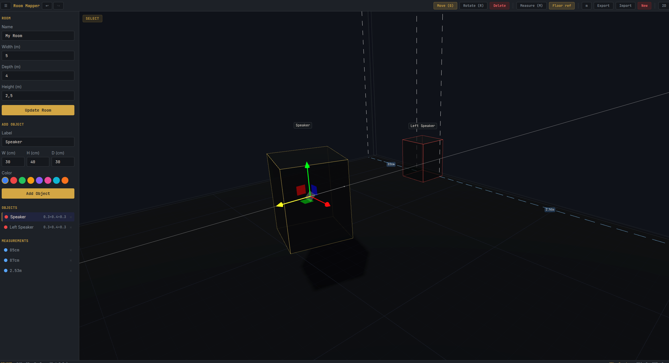 Single-axis movement in 3D — two objects with floor reference projections and measurements