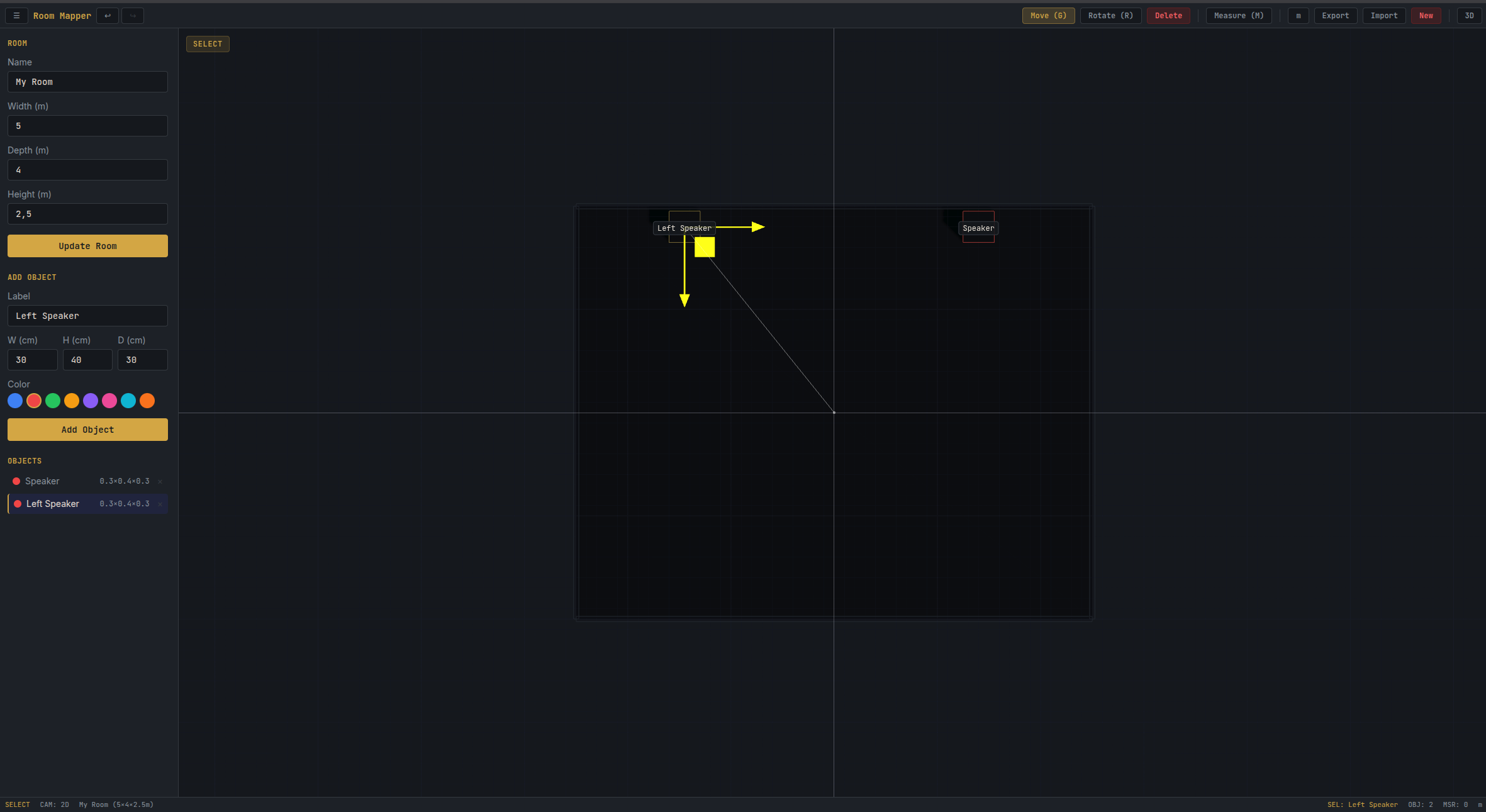 2D top-down view — dragging a speaker into position with the translate gizmo